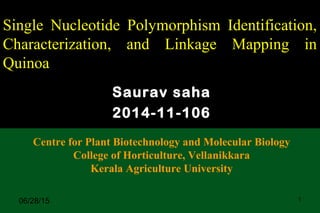 Single Nucleotide Polymorphism Identification,Single Nucleotide Polymorphism Identification,
Characterization, and Linkage Mapping inCharacterization, and Linkage Mapping in
QuinoaQuinoa
Saurav saha
2014-11-106
Centre for Plant Biotechnology and Molecular Biology
College of Horticulture, Vellanikkara
Kerala Agriculture University
06/28/15 1
 