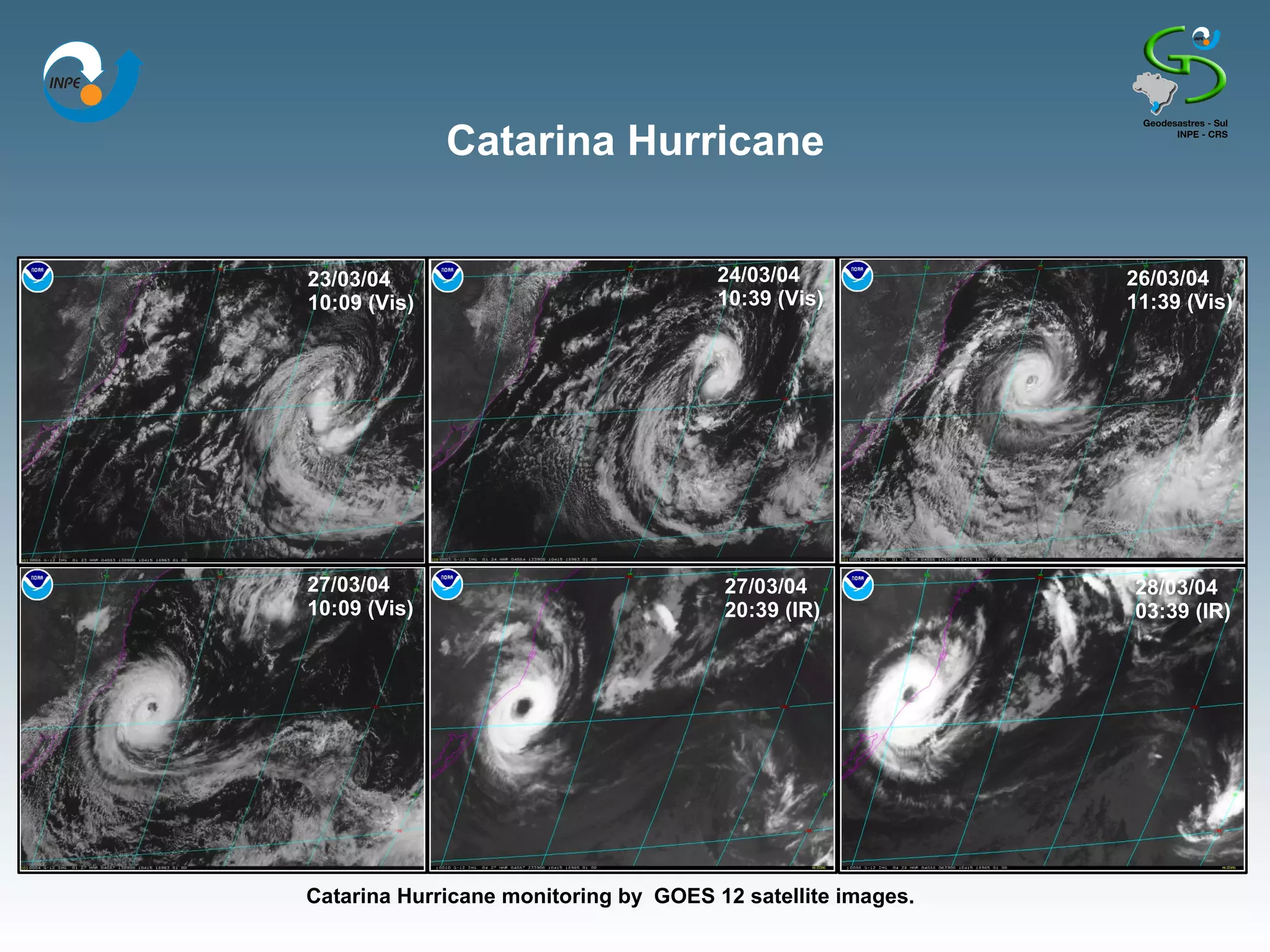 Catarina Hurricane


23/03/04                               24/03/04              26/03/04
10:09 (Vis)                            10:39 (Vis)           11:39 (Vis)




27/03/04                               27/03/04              28/03/04
10:09 (Vis)                            20:39 (IR)            03:39 (IR)




Catarina Hurricane monitoring by GOES 12 satellite images.
 