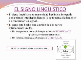 EL SIGNO LINGÜISTICO
 El signo lingüístico es una entidad biplánica, integrada
por 2 planos interdependientes (si se toman aisladamente
no conforman un signo).
 El signo está hecho con la unión de dos partes
íntimamente unidas:
 Un componente material: Imagen acústica o SIGNIFICANTE
(palabras, secuencia de fonemas)
 Un componente mental: Concepto o SIGNIFICADO
SIGNO = SIGNIFICANTE + SIGNIFICADO
 