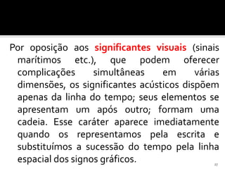 Por oposição aos significantes visuais (sinais
 marítimos etc.), que podem oferecer
 complicações      simultâneas    em      várias
 dimensões, os significantes acústicos dispõem
 apenas da linha do tempo; seus elementos se
 apresentam um após outro; formam uma
 cadeia. Esse caráter aparece imediatamente
 quando os representamos pela escrita e
 substituímos a sucessão do tempo pela linha
 espacial dos signos gráficos.                27
 