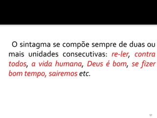O sintagma se compõe sempre de duas ou
mais unidades consecutivas: re-ler, contra
todos, a vida humana, Deus é bom, se fizer
bom tempo, sairemos etc.



                                        57
 