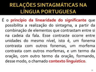 É o princípio da linearidade do significante que
 possibilita a realização do sintagma, a partir da
 combinação de elementos que contrastam entre si
 na cadeia da fala. Esse contraste ocorre entre
 unidades do mesmo nível, isto é, um fonema
 contrasta com outros fonemas, um morfema
 contrasta com outros morfemas, e um termo da
 oração, com outro termo da oração, formando,
 desse modo, o chamado contexto linguístico.
                                               59
 