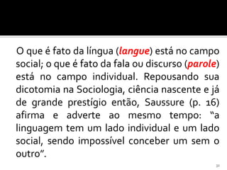 O que é fato da língua (langue) está no campo
social; o que é fato da fala ou discurso (parole)
está no campo individual. Repousando sua
dicotomia na Sociologia, ciência nascente e já
de grande prestígio então, Saussure (p. 16)
afirma e adverte ao mesmo tempo: “a
linguagem tem um lado individual e um lado
social, sendo impossível conceber um sem o
outro”.
                                                32
 