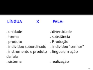 LÍNGUA           X         FALA:

. unidade                 . diversidade
. forma                   . substância
. produto                 . Produção
. indivíduo subordinado   . indivíduo “senhor”
. instrumento e produto   . língua em ação
da fala
. sistema                 . realização
                                                 44
 