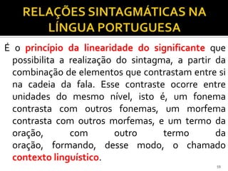 É o princípio da linearidade do significante que
 possibilita a realização do sintagma, a partir da
 combinação de elementos que contrastam entre si
 na cadeia da fala. Esse contraste ocorre entre
 unidades do mesmo nível, isto é, um fonema
 contrasta com outros fonemas, um morfema
 contrasta com outros morfemas, e um termo da
 oração,       com        outro     termo       da
 oração, formando, desse modo, o chamado
 contexto linguístico.
                                               59
 