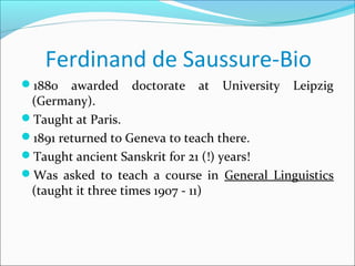 Ferdinand de Saussure-Bio
1880 awarded doctorate at University Leipzig
(Germany).
Taught at Paris.
1891 returned to Geneva to teach there.
Taught ancient Sanskrit for 21 (!) years!
Was asked to teach a course in General Linguistics
(taught it three times 1907 - 11)
 