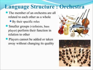 Language Structure : Orchestra
The member of an orchestra are all
related to each other as a whole
By their specific roles
Smaller groups (violinists, bass
player) perform their function in
relation to other
Players cannot be added or taken
away without changing its quality
 