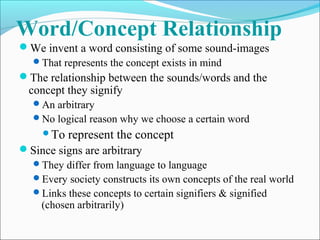Word/Concept Relationship
We invent a word consisting of some sound-images
That represents the concept exists in mind
The relationship between the sounds/words and the
concept they signify
An arbitrary
No logical reason why we choose a certain word
To represent the concept
Since signs are arbitrary
They differ from language to language
Every society constructs its own concepts of the real world
Links these concepts to certain signifiers & signified
(chosen arbitrarily)
 