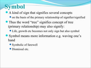 Symbol
A kind of sign that signifies several concepts
on the basis of the primary relationship of signifier/signified
Thus the word “tree” signifies concept of tree
(primary relationship) may also signify:
Life, growth etc becomes not only sign but also symbol
Symbol means more information e.g. waving one’s
hand
Symbolic of farewell
Dismissal etc.
 