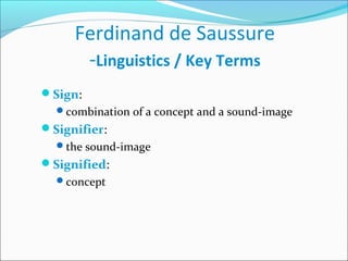Ferdinand de Saussure
-Linguistics / Key Terms
Sign:
combination of a concept and a sound-image
Signifier:
the sound-image
Signified:
concept
 
