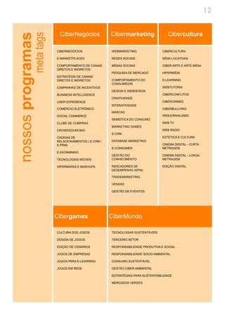12


                           CiberNegócios              Cibermarketing                 Cibercultura
              meta tags
nossos programas
                          CIBERNEGÓCIOS               WEBMARKETING               CIBERCULTURA

                          E-MARKETPLACES              REDES SOCIAIS              MÍDIA LOCATIVAS

                          COMPORTAMENTO DE CANAIS     MÍDIAS SOCIAIS             CIBER ARTE E ARTE MÍDIA
                          DIRETOS E INDIRETOS
                                                      PESQUISA DE MERCADO        HIPERMÍDIA
                          ESTRATÉGIA DE CANAIS
                          DIRETOS E INDIRETOS         COMPORTAMENTO DO           E-LEARNING
                                                      CONSUMIDOR
                          CAMPANHAS DE INCENTIVOS                                WEBTUTORIA
                                                      DESIGN E WEBDESIGN
                          BUSINESS INTELLIGENCE                                  CIBERCONFLITOS
                                                      CRIATIVIDADE
                          USER EXPERIENCE                                        CIBERCRIMES
                                                      INTERATIVIDADE
                          COMÉRCIO ELETRÔNICO                                    CIBERBULLYING
                                                      MARCAS
                          SOCIAL COMMERCE                                        WEBJORNALISMO
                                                      SEMIÓTICA DO CONSUMO
                          CLUBE DE COMPRAS                                       WEB TV
                                                      MARKETING GAMES
                          CROWDSOURCING                                          WEB RADIO
                                                      E-CRM
                          CADEIAS DE                                             ESTÉTICA E CULTURA
                          RELACIONAMENTOS ( E-CRM /   DATABASE MARKETING
                          E-PRM)                                                 CINEMA DIGITAL - CURTA
                                                      E-CONSUMER                 METRAGEM
                          E-DATAMINING
                                                      GESTÃO DO                  CINEMA DIGITAL - LONGA
                          TECNOLOGIAS MÓVEIS          CONHECIMENTO               METRAGEM

                          HIPERMAPAS E MASHUPS        INDICADORES DE             EDIÇÃO DIGITAL
                                                      DESEMPENHO (KPIS)

                                                      TRADEMARKETING

                                                      VENDAS

                                                      GESTÃO DE EVENTOS




                          Cibergames                  CiberMundo

                          CULTURA DOS JOGOS           TECNOLOGIAS SUSTENTÁVEIS

                          DESIGN DE JOGOS             TERCEIRO SETOR

                          EDIÇÃO DE CENÁRIOS          RESPONSABILIDADE PRODUTIVA E SOCIAL

                          JOGOS DE EMPRESAS           RESPONSABILIDADE SOCIO AMBIENTAL

                          JOGOS PARA E-LEARNING       CONSUMO SUSTENTÁVEL

                          JOGOS EM REDE               GESTÃO CIBER AMBIENTAL

                                                      ESTRATÉGIAS PARA SUSTENTABILIDADE

                                                      MERCADOS VERDES
 