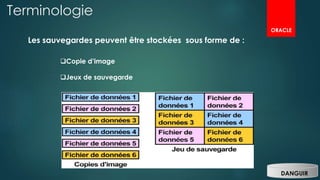 ORACLE
DANGUIR
Terminologie
Les sauvegardes peuvent être stockées sous forme de :
Copie d’image
Jeux de sauvegarde
 