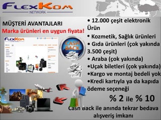 • 12.000 çeşit elektronik
MÜŞTERİ AVANTAJLARI
Marka ürünleri en uygun fiyata! Ürün
                                • Kozmetik, Sağlık ürünleri
                                • Gıda ürünleri (çok yakında
                                3.500 çeşit)
                                • Araba (çok yakında)
                                •Uçak biletleri (çok yakında)
                                •Kargo ve montaj bedeli yok
                                •Kredi kartıyla ya da kapıda
                                ödeme seçeneği
                                         % 2 ile % 10
                         Cash Back ile anında tekrar bedava
                                  alışveriş imkanı
 