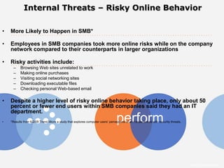 Internal Threats – Risky Online Behavior

•   More Likely to Happen in SMB*

•   Employees in SMB companies took more online risks while on the company
    network compared to their counterparts in larger organizations

•   Risky activities include:
      –    Browsing Web sites unrelated to work
      –    Making online purchases
      –    Visiting social networking sites
      –    Downloading executable files
      –    Checking personal Web-based email

•   Despite a higher level of risky online behavior taking place, only about 50
    percent or fewer end users within SMB companies said they had an IT
    department.
•                                                                               perform
    *Results from 6/2/08 Trend Micro a study that explores computer users’ perceptions of and experiences with security threats.




                                                                                                                                   Intuit Confidential
 