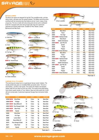 BUTCH LURES
The Butch lure series are designed for big fish! The incredible erratic, yet slow
rolling motion, will tease even the wariest predator. The lifelike swimming action,
combined with the horizontal slow float balance and pin V-joint, makes a truly                    21cm version
unique lure. The lure is made with extra strong wire and pin joint to withstand
brutal fish. Equipped with extra strong forged split rings and customized                                 16cm version
Japanese tournament treble hooks. Suitable for Pike, Muskie, Zander,
Barramundi and Nile Perch.                                                             ITEM NO	             COLOUR	      REF	        LENGTH	       WEIGHT	     SINK RATE

                                                                                       24042	      Blue Silver	          03	          16cm	         49g	      Slow Float
                                                                                       24043	         Perch	             04	          16cm	         49g	      Slow Float
                                                                                       24044	       Fire Tiger	          05	          16cm	         49g	      Slow Float
03 : Blue Silver
                                                                                       43593 NEW	 Rainbow Smolt	         06	          16cm	         49g	      Slow Float
                                               NEW 14 : Jack Pike 3D
                                                                                       37671	      Dirty Roach	          08	          16cm	         49g	      Slow Float
                                                                                       24046	   Golden Ambulance	        09	          16cm	         49g	      Slow Float
                                                                                       43594 NEW	 Jack Pike 3D	          14	          16cm	         49g	      Slow Float
04 : Perch                                     15 : Zander                             24049	        Zander	             15	          16cm	         49g	      Slow Float
                                                                                       42305	          Smolt	            37	          16cm	         49g	      Slow Float
                                                                                       42306	        Popeye	             50	          16cm	         49g	      Slow Float
                                                                                       43595 NEW	 Brown Burbout	         52	          16cm	         49g	      Slow Float
05 : Fire Tiger                                37 : Smolt                              24033	      Blue Silver	          03	          21cm	        109g	      Slow Float
                                                                                       24034	         Perch	             04	          21cm	        109g	      Slow Float
                                                                                       24035	       Fire Tiger	          05	          21cm	        109g	      Slow Float
                                                                                       43596 NEW 	 ainbow Smolt	
                                                                                                  R                      06	          21cm	        109g	      Slow Float
NEW 06 : Rainbow Smolt                         50 : Popeye                             37670	      Dirty Roach	          08	          21cm	        109g	      Slow Float
                                                                                       24037	   Golden Ambulance	        09	          21cm	        109g	      Slow Float
                                                                                       43597 NEW 	Jack Pike 3D	          14	          21cm	        109g	      Slow Float
                                                                                       24040	        Zander	             15	          21cm	        109g	      Slow Float
08 : Dirty Roach                               NEW 52 : Brown Burbout                  42307 	        Smolt	             37	          21cm	        109g	      Slow Float
                                                                                       42308	        Popeye	             50	          21cm	        109g	      Slow Float
                                                                                       43598 NEW 	 rown Burbout	
                                                                                                  B                      52	          21cm	        109g	      Slow Float

                                                                                                                                                             Pack size: 5
09 : Golden Ambulance



LARVAE 55 & 75 LURES
This stunning and unique lure is a supernatural ‘larvae nymph’ imitation. The
double jointed body gives an incredible lifelike yet erratic action. The lure is
slow floating – just like a real nymph. The superb 3D imitation and fantastic
details make this lure stand out from the crowd. The results during field-testing
have shown superb results on Trout, Salmon, Bass and other game fish in both
still and running water. Customized Japanese Savage Gear tournament treble
hooks.

 ITEM NO	               COLOUR	         REF	        LENGTH	   WEIGHT	     SINK RATE

 43599 NEW	 Dirty Silver	               01	         5.5cm	      5g	      Slow Sink
 43600 NEW	Firetiger	                   05	         5.5cm	      5g	      Slow Sink
                                                                                        01 : Dirty Silver                       20 : Fluo Orange & Gold
 43601 NEW	 Bone White UV	              19	         5.5cm	      5g	      Slow Sink
 43602 NEW 	 luo Orange & Gold	
           F                            20	         5.5cm	      5g	      Slow Sink
 43603 NEW	 Olive Pearl	                34	         5.5cm	      5g	      Slow Sink
 43604 NEW	             Nymph	          40	         5.5cm	      5g 	     Slow Sink
                                                                                        05 : Fire Tiger                         34 : Olive Pearl
 36266	               Dirty Silver	     01	         7.5cm	      9g	      Slow Float
 36267	               Fire Tiger	       05	         7.5cm	      9g	      Slow Float
 36268	              Lemon Back	        18	         7.5cm	      9g	      Slow Float
 36269	             Bone White UV	      19	         7.5cm	      9g	      Slow Float
                                                                                        18 : Lemon Back                         40 : Nymph
 36270	           Fluo Orange & Gold	   20	         7.5cm	      9g	      Slow Float
 36271	               Olive Pearl	      34	         7.5cm	      9g	      Slow Float
 36272	                 Nymph	          40	         7.5cm	      9g	      Slow Float

                                                                        Pack size: 5    19 : Bone White UV




100          101                                             www.savage-gear.com
 