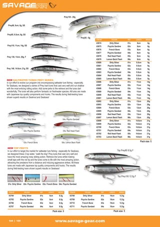 Prey130 - 20g


 Prey80, 8cm, 6g, SS



Prey95, 9.5cm, 9g, SS
                                                                                            Prey95 - 9g
                                                                                                              ITEM NO	          COLOUR	             REF	        LENGTH	   WEIGHT

                                                                                                              43674	          Dirty Silver	         01s	      8cm	          6g
Prey110, 11cm, 14g, SS                                                                                        43675	        Psycho Sardine	         02s	      8cm	          6g
                                                                                                              43676	         French Bone	           03s	      8cm	          6g
                                                                                                              43677	        Psycho Sandeel	         04s	      8cm	          6g
Prey 130, 13cm, 20g, F                                                                                        43678	        Red Head Flash	         05s	      8cm	          6g
                                                                                                              43679	       Lemon Back Flash	        06s	      8cm	          6g
                                                                                                              43680	          Dirty Silver	         01s	     9.5cm	         9g
                                                                                                              43681	        Psycho Sardine	         02s	     9.5cm	         9g
Prey 146, 14.6cm, 21g, SS                                                                                     43682	         French Bone	           03s	     9.5cm	         9g
                                                                                                              43683	        Psycho Sandeel	         04s	     9.5cm	         9g
                                                                                                              43684	        Red Head Flash	         05s	     9.5cm	         9g
                                                                                                              43685	       Lemon Back Flash	        06s	     9.5cm	         9g
NEW SALTWATER TUNED PREY SERIES
In our effort to evolve our program into encompassing saltwater lure fishing - especially                     43686	          Dirty Silver	         01s	     11cm	         14g
for Seabass, we designed a series of Prey hard lures that cast very well and run shallow                      43687	        Psycho Sardine	         02s	     11cm	         14g
with the most enticing rolling action. Add some jerks to the retrieve and the lures dart                      43688	         French Bone	           03s	     11cm	         14g
wonderfully. The lures will also perform fantastic on freshwater species. All lures are made                  43689	        Psycho Sandeel	         04s	     11cm	         14g
with Japanese top quality components and hooks. The results during field-testing have                         43690	        Red Head Flash	         05s	     11cm	         14g
shown superb results on Seatrout and Seabass!                                                                 43691	       Lemon Back Flash	        06s	     11cm	         14g
                                                                                                              43692	          Dirty Silver	         01s	     13cm	         20g
                                                                                                              43693	        Psycho Sardine	         02s	     13cm	         20g
                                                                                                              43694	         French Bone	           03s	     13cm	         20g
                                                                                                              43695	        Psycho Sandeel	         04s	     13cm	         20g
                                                                                                              43696	        Red Head Flash	         05s	     13cm	         20g
                                                                                                              43697	       Lemon Back Flash	        06s	     13cm	         20g
                     01s: Dirty Silver		                             04s: Psycho Sandeel	
                                                                                                              43698	          Dirty Silver	         01s	    14.6cm	        21g
                                                                                                              43699	        Psycho Sardine	         02s	    14.6cm	        21g
                                                                                                              43700	         French Bone	           03s	    14.6cm	        21g
                     02s: Psycho Sardine		                           05s: Red Head Flash                      43701	        Psycho Sandeel	         04s	    14.6cm	        21g
                                                                                                              43702	        Red Head Flash	         05s	    14.6cm	        21g
                                                                                                              43703	       Lemon Back Flash	        06s	    14.6cm	        21g

                     03s: French Bone		                          06s: Lemon Back Flash                                                                              Pack size: 5

NEW TOP PREY’S
In our effort to target the market for saltwater lure fishing - especially for Seabass,                                                 Top Prey80 8.5g F
we designed these 2 top water, “walk the dog” Prey lures that cast very well and
have the most amazing noisy sliding action. Retrieve the lures whilst making
small taps with the rod tip and the lures come to life with the most amazing action,
attracting the predators from a distance and inducing aggressive strikes. All these
lures are made with Japanese top quality components and hooks. The results
during field-testing have shown superb results on Seabass!


                                                                                                                                          Top Prey100 12.5g F


 01s: Dirty Silver	 02s: Psycho Sardine 03s: French Bone	 04s: Psycho Sandeel


  ITEM NO	           COLOUR	           REF	      LENGTH	     WEIGHT          ITEM NO	           COLOUR	             REF	      LENGTH	      WEIGHT

  43704	           Dirty Silver	       01s	       6cm	        8.5g           43708	           Dirty Silver	         01s	      10cm	         12.5g
  43705	       Psycho Sardine	 02s	 6cm	8.5g                                 43709	         Psycho Sardine	 02s	 10cm	12.5g
  43706	           French Bone	        03s	       6cm	        8.5g           43710	          French Bone	           03s	      10cm	         12.5g
  43707	       Psycho Sandeel	         04s	       6cm	        8.5g           43711	         Psycho Sandeel	         04s	      10cm	         12.5g

                                                      Pack size: 5                                                                 Pack size: 5



  104        105                                           www.savage-gear.com
 