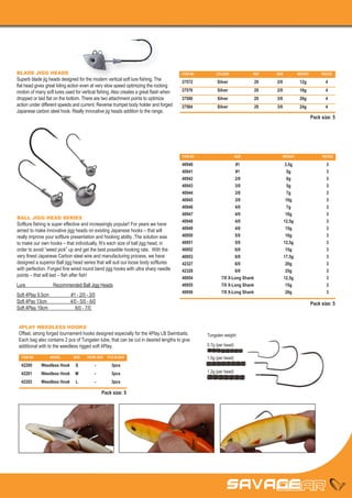 BLADE JIGG HEADS                                                                       ITEM NO	        COLOUR	              REF	   SIZE	         WEIGHT	        PIECES
Superb blade jig heads designed for the modern vertical soft lure fishing. The         37572	          Silver	              29	 2/0	12g	 4
flat head gives great kiting action even at very slow speed optimizing the rocking
motion of many soft lures used for vertical fishing. Also creates a great flash when   37576	          Silver	              29	 2/0	16g	 4
dropped or laid flat on the bottom. There are two attachment points to optimize        37580	          Silver	              29	 3/0	20g	 4
action under different speeds and current. Reverse trumpet body holder and forged      37584	          Silver	              29	 3/0	24g	 4
Japanese carbon steel hook. Really innovative jig heads addition to the range.
                                                                                                                                                           Pack size: 5




                                                                                       ITEM NO	                     SIZE	              WEIGHT	                  PIECES

                                                                                       40940	         #1	                               3,5g	3
                                                                                       40941	 #1	                                        5g	3
                                                                                       40942	 2/0	                                       6g	3
                                                                                       40943	 3/0	                                       5g	3
                                                                                       40944	 3/0	                                       7g	3
                                                                                       40945	        3/0	                               10g	3
                                                                                       40946	 4/0	                                       7g	3
                                                                                       40947	        4/0	                               10g	3
BALL JIGG HEAD SERIES
                                                                                       40948	        4/0	                              12,5g	3
Softlure fishing is super effective and increasingly popular! For years we have
aimed to make innovative jigg heads on existing Japanese hooks – that will             40949	        4/0	                               15g	3
really improve your softlure presentation and hooking ability .The solution was        40950	        5/0	                               10g	3
to make our own hooks – that individually, fit’s each size of ball jigg head, in       40951	        5/0	                              12,5g	3
order to avoid “weed pick” up and get the best possible hooking rate. With the         40952	        6/0	                               15g	3
very finest Japanese Carbon steel wire and manufacturing process, we have              40953	        6/0	                              17,5g	3
designed a superior Ball jigg head series that will suit our loose body softlures      42327	        6/0	                               20g	3
with perfection. Forged fine wired round bend jigg hooks with ultra sharp needle       42328	        6/0	                               25g	3
points – that will last – fish after fish!                                             40954	 7/0 X-Long Shank	                        12,5g	 3
Lure	                Recommended Ball Jigg Heads                                       40955	 7/0 X-Long Shank	                         15g	  3
                                                                                       40956	 7/0 X-Long Shank	                         20g	  3
Soft 4Play 9.5cm 	          #1 - 2/0 - 3/0
Soft 4Pay 13cm	             4/0 - 5/0 - 6/0                                                                                                                Pack size: 5
Soft 4Play 19cm	               6/0 - 7/0


 4PLAY WEEDLESS HOOKS
 Offset, strong forged tournament hooks designed especially for the 4Play LB Swimbaits.           Tungsten weight:
 Each bag also contains 2 pcs of Tungsten tube, that can be cut in desired lengths to give
 additional with to the weedless rigged soft 4Play.                                               0.7g (per bead)

  ITEM NO	        MODEL	      SIZE	   HOOK SIZE	 PCS IN BOX                                       1.0g (per bead)
  42200	     Weedless Hook	 S	            -	       3pcs
  42201	     Weedless Hook	 M	            -	       3pcs                                           1.2g (per bead)

  42202	     Weedless Hook	    L	         -	       3pcs

                                               Pack size: 5
 