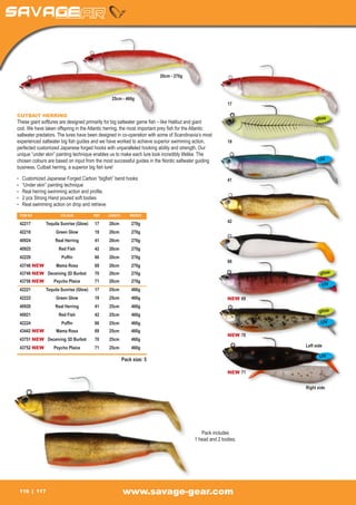 20cm - 270g



                                                     25cm - 460g
                                                                                                         17

CUTBAIT HERRING
                                                                                                                       glow
These giant softlures are designed primarily for big saltwater game fish – like Halibut and giant
cod. We have taken offspring in the Atlantic herring, the most important prey fish for the Atlantic
saltwater predators. The lures have been designed in co-operation with some of Scandinavia’s most
experienced saltwater big fish guides and we have worked to achieve superior swimming action,            19
perfected customized Japanese forged hooks with unparalleled hooking ability and strength. Our
unique “under skin” painting technique enables us to make each lure look incredibly lifelike. The
chosen colours are based on input from the most successful guides in the Nordic saltwater guiding                        UV
business. Cutbait herring, a superior big fish lure! 			
							
•	 Customized Japanese Forged Carbon “bigfish” bend hooks                                                41
•	 “Under skin” painting technique
•	 Real herring swimming action and profile.
•	 2 pcs Strong Hand poured soft bodies
•	 Real swimming action on drop and retrieve

 ITEM NO	                COLOUR	            REF	   LENGTH	       WEIGHT

 42217	           Tequila Sunrise (Glow)	   17	    20cm	         270g                                    42

 42218	                Green Glow	          19	    20cm	         270g
 40924	                Real Herring	        41	    20cm	         270g
 40925	                 Red Fish	           42	    20cm	         270g
 42220	                   Puffin	           66	    20cm	         270g
                                                                                                         66
 43748 NEW	            Mama Rosa	           69	20cm	 270g
 43749 NEW	 Deceiving 3D Burbot	            70	    20cm	         270g                                                    glow
 43750 NEW	           Psycho Plaice	        71	    20cm	         270g
                                                                                                                          UV
 42221	           Tequila Sunrise (Glow)	   17	    25cm	         460g
 42222	                Green Glow	          19	    25cm	         460g                                    NEW 69
 40920	                Real Herring	        41	    25cm	         460g
                                                                                                                         glow
 40921	                 Red Fish	           42	    25cm	         460g
 42224	                   Puffin	           66	    25cm	         460g                                                     UV
 43442 NEW	            Mama Rosa	           69	    25cm	         460g
                                                                                                         NEW 70
 43751 NEW	 Deceiving 3D Burbot	            70	25cm	 460g
 43752 NEW	           Psycho Plaice	        71	25cm	 460g                                                         Left side

                                                                                                                         UV
                                                             Pack size: 5

                                                                                                         NEW 71


                                                                                                                  Right side




                                                                                             Pack includes
                                                                                          1 head and 2 bodies.




 116        117                                              www.savage-gear.com
 