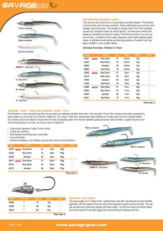 SALTWATER SANDEEL LURES
                                                                                            This stunning and unique lure is a supernatural sandeel imitation. The Sandeel
                                                                                            is the favourite snack of many predators. These soft-bodied lures have the most
                   17cm version                                                             fantastic swimming action. The sandeel is Savage Gear’s first 100% saltwater
                                                                                            specific lure, designed mainly for vertical fishing – but have also proved to be
                                                                                            deadly as swimbaits and even for trolling. The swimming action is so real; you
                                                                                            have to see it, to believe it! Top quality Japanese carbon steel saltwater grade
                   16cm version                                                             hooks, to withstand brutal attacks and land big predators. Excellent Cod, Sea
                                                                                            Bass, Coalfish or even smaller Halibut.
                                                                                            Individual Pack Qtys: 2 Bodies & 1 Head
                  12.5cm version
                                                                                              ITEM NO	               COLOUR	       REF	     LENGTH	      WEIGHT	         PRICE

                                                                                              43467	     NEW       Dirty Silver	   01	      12,5cm	        23g	              -
                                                                                              42203	               Blue Silver	    03	      12,5cm	        23g	              -
                                                                                              40892	                 Sandeel	      08	12,5cm	 23g	                           -
                NEW 01 : Dirty Silver
                                                                                              40895	                Real Pearl	    30	      12,5cm	        23g	              -
                                                                                              43468	     NEW       Dirty Silver	   01	       16cm	         42g	              -
                                                                                              42214	               Blue Silver	    03	       16cm	         42g	              -
                03 : Blue Silver                                                              37566	                 Sandeel	 08	16cm	 42g	                                  -
                                                                                              37568	                Real Pearl	    30	       16cm	         42g 	             -
                                                                                              43469	     NEW       Dirty Silver	   01	       17cm	         65g	              -
                08 : Sandeel
                                                                                              42204	               Blue Silver	    03	       17cm	         65g	              -
                                                                                              42205	                 Sandeel	 08	17cm	 65g	                                  -
                                                                                              42941	                Real Pearl	    19	       17cm	         65g	              -
                30 : Real Pearl
                                                                                                                                                                    Pack size: 5


SANDEEL 18CM - 100G AND SANDEEL 20CM - 150G
The Sandeel is a very important prey fish and just about any saltwater predator loves them. The new giant 18 and 20cm versions have been requested by
many anglers to use for big Cod, Coal fish, Halibut etc. Our unique “under skin” painting technique enables us to make each lure look incredibly lifelike.
The chosen colours are based on inputs from the most successful guides in the Nordic saltwater guiding business. Giant Sandeel - superior big fish lures!
The swimming action is so real, you have to see it to believe it!

•	    Customized Japanese Forged Carbon hooks                                                  18cm version
•	    “Under skin” painting
•	    Real Sandeel swimming action and profile.
•	    2 pcs soft bodies
•	    Superb for Seabass, Cod, Pollack and any other Prey hunting Predators!
 ITEM NO	                  COLOUR	        REF	      LENGTH	     WEIGHT	       PRICE
                                                                                                                                                      20cm version
 43470	 NEW Dirty Silver	                  01	       18cm	       100g	          -
 42208	                  Blue Silver	      03	       18cm	       100g	          -
 42209	                    Sandeel	        08	 18cm	100g	                       -
 43471	 NEW Dirty Silver	                  01	       20cm	       150g	          -
                                                                                                                                                              03 : Blue Silver
 42212	                  Blue Silver	      03	       20cm	       150g	          -
 42213	                    Sandeel	        08	 20cm	150g	                       -                      NEW 01 : Dirty Silver

                                                                          Pack size: 5                                                                        08 : Sandeel




     ITEM NO	        PCS IN PACK		HOOK SIZE	     WEIGHT	       PRICE         SANDEEL JIGG HEAD
     42968	               3		1/0	                 16g	           -
                                                                             The super quality of our “ready to fish “ sandeel lures, have left a big demand for loose Sandeel
                                                                             jiggheads, with the superior finish and ultra sharp Japanese Forged round bend hooks. You can
     42969	               3		4/0	                 29g	           -           use just about any loose body softlure with these heads – but the Grub worm and Recoil shads,
     42970	               3		6/0	                 42g	           -           have been superb for salt water jigging and vertical fishing for Seabass and Cod.
                                                           Pack size: 5



     118         119                                          www.savage-gear.com
 