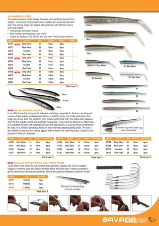 LB SANDEEL LURES
The massive success of the Savage Sandeels, have led to the demand from
anglers – to have the most popular colour available as Loose body head and
tails. This way the angler can replace and experiment with different colours                          15.5cm
and head weights.
•	 Hand-poured lamination colours
•	 Real sandeel swimming action and profile
•	 Superb for Seabass, Cod, Pollack and any other Prey Hunting predators.
                                                                                                      14cm
ITEM NO	             COLOUR	              REF	         LENGTH	     WEIGHT	         PRICE

43757	 NEW         Dirty Silver	           01	          10cm	       4pcs	             -
42971	             Blue Silver	            03	          10cm	       4pcs	             -
42972	               Sandeel	 08	 10cm	4pcs	 -
42973	             Real Pearl	             30	          10cm	       4pcs	             -                10cm

43758	 NEW         Dirty Silver	           01	          14cm	       4pcs	             -
42974	             Blue Silver	            03	          14cm	       3pcs	             -
42975	               Sandeel	 08	 14cm	3pcs	 -                                                          NEW 01: Dirty Silver                            03: Blue Silver
42976	             Real Pearl	             30	          14cm	       3pcs	             -
43759	 NEW         Dirty Silver	           01	         15.5cm	      3pcs	             -
42977	             Blue Silver	            03	         15.5cm	      3pcs	             -
                                                                                                               08: Sandeel                                    30: Real Pearl
42978	               Sandeel	              08	 15.5cm	3pcs	                           -
42979	             Real Pearl	             30	         15.5cm	      3pcs	             -
                                                                              Pack size: 5
                                                                                                                                                                          01

                                                                        14cm
                                                                                                                                                                          03

                                                                        16.5cm
                                                                                                                                                                          08
                                                                 20cm
NEW SG LB SANDEEL SLUG’S                                                                                                                                                  30
In our effort to develop a program for saltwater lure fishing - especially for Seabass, we designed
a series of ultra realistic sandeel slugs that have a solid front body and a hollow tail section that
makes the LB lure float. The solid front body, makes perfect hook hold. The hollow body collapses
when the fish engulfs it which ensures better hookup rate. The lure can be fished on an offset hook,
on a weedless rig tuned with weight to have any sink rate desired, or it can be fished cut off behind
the eyes, on our brilliant sandeel jig heads, to make the most amazing darting action. The lure is                                         LB Sandeel Slug with Sandeel Jigg
also brilliant for drop shot and vertical jigging. Brilliant details and swimming action. Superb for any                                         Head (not included)
predator in Fresh and Saltwater.

 ITEM NO	     COLOUR	           REF	   LENGTH	    PCS PR PACK    ITEM NO	      COLOUR	       REF	   LENGTH	    PCS PR PACK     ITEM NO	     COLOUR	        REF	    LENGTH	     PCS PR PACK

 43760	     Dirty Silver	       01	    14cm	          6pcs       43764	      Dirty Silver	   01	    16.5cm	       5pcs         43768	     Dirty Silver	     01	    20cm	          4pcs
 43761	     Blue Silver	        03	    14cm	          6pcs       43765	      Blue Silver	    03	    16.5cm	       5pcs         43769	     Blue Silver	      03	    20cm	          4pcs
 43762	Sandeel	 08	14cm	 6pcs                                    43766	 Sandeel	 08	16.5cm	 5pcs                               43770	Sandeel	 08	20cm	 4pcs
 43763	     Real Pearl	         30	    14cm	          6pcs       43767	      Real Pearl	     30	    16.5cm	       5pcs         43771	     Real Pearl	       30	    20cm	          4pcs

                                                 Pack size: 5                                                 Pack size: 5                                                     Pack size: 5

NEW SG SLUG OFFSET HOOK SALT 5PCS PACKS
These offset hooks match the new Sandeel slugs perfectly. Supplied with a roll of tungsten
nuggets in matching sizes that slide on the hook shank with great ease, making it possible to
get the desired sink rate adjusted perfectly. Ultra Sharp Japanese saltwater tournament hooks!
 ITEM NO	               SIZE	            PCS IN BOX

 43772	              S (#1/0)	             5pcs
 43773	              M (#3/0)	             5pcs
 43774	              L (#5/0)	             5pcs
                                                                      Mounted LB Sandeel Slug
                                                                         (lure not included)
                                        Pack size: 5
 