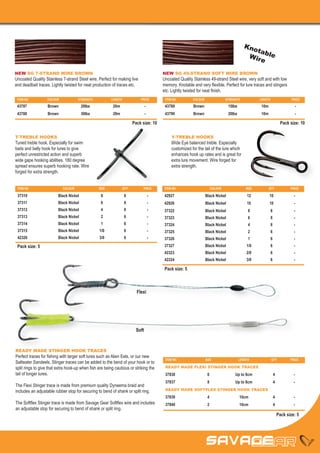 Kno
                                                                                                                                                   tab
                                                                                                                                                W ir le
                                                                                                                                                    e
NEW SG 7-STRAND WIRE BROWN                                                                NEW SG 49-STRAND SOFT WIRE BROWN
Uncoated Quality Stainless 7-strand Steel wire. Perfect for making live                   Uncoated Quality Stainless 49-strand Steel wire, very soft and with low
and deadbait traces. Lightly twisted for neat production of traces etc.                   memory. Knotable and very flexible. Perfect for lure traces and stingers
                                                                                          etc. Lightly twisted for neat finish.
 ITEM NO	          COLOUR	             STRENGTH	           LENGTH	            PRICE        ITEM NO	        COLOUR	                STRENGTH	           LENGTH	                 PRICE

 43787	Brown	 20lbs	 20m	 -                                                                43789	Brown	                            15lbs	              10m	                        -
 43788	            Brown	30lbs	 20m	 -                                                     43790	          Brown	20lbs	10m	 -

                                                                          Pack size: 10                                                                                Pack size: 10

T-TREBLE HOOKS                                                                                 Y-TREBLE HOOKS
Tuned treble hook. Especially for swim                                                         Wide Eye balanced treble. Especially
                                                                                               .
baits and belly hook for lures to give                                                         customized for the tail of the lure which
perfect unrestricted action and superb                                                         enhances hook up rates and is great for
wide gape hooking abilities. 180 degree                                                        extra lure movement. Wire forged for
spread ensures superb hooking rate. Wire                                                       extra strength.
forged for extra strength.


 ITEM NO	                    COLOUR	               SIZE	         QTY	          PRICE       ITEM NO	                     COLOUR	               SIZE	        QTY	              PRICE

 37310	                  Black Nickel	              8	               8	             -      42927	                 Black Nickel	               12	           10	                -
 37311	                  Black Nickel	              6	               8	             -      42926	                 Black Nickel	               10	           10	                -
 37312	                  Black Nickel	              4	               8	             -      37322	                 Black Nickel	                8	           8	                 -
 37313	                  Black Nickel	              2	               6	             -      37323	                 Black Nickel	                6	           8	                 -
 37314	                  Black Nickel	              1	               6	             -      37324	                 Black Nickel	                4	           8	                 -
 37315	                  Black Nickel	             1/0	              6	             -      37325	                 Black Nickel	                2	           6	                 -
 42326	                  Black Nickel	             3/0	              6	             -      37326	                 Black Nickel	                1	           6	                 -
 Pack size: 5                                                                              37327	                 Black Nickel	               1/0	          6	                 -
                                                                                           42323	                 Black Nickel	               2/0	          6	                 -
                                                                                           42324	                 Black Nickel	               3/0	          6	                 -

                                                                                           Pack size: 5



                                                                            Flexi




                                                                           Soft



READY MADE STINGER HOOK TRACES
Perfect traces for fishing with larger soft lures such as Alien Eels, or our new
                                                                                           ITEM NO	                  SIZE	               LENGTH	                QTY	         PRICE
Saltwater Sandeels. Stinger traces can be added to the bend of your hook or to
split rings to give that extra hook-up when fish are being cautious or striking the        READY MADE FLEXI STINGER HOOK TRACES
tail of longer lures.                                                                      37838	                     6	               Up to 8cm	                4	            -
                                                                                           37837	                     8	               Up to 8cm	                4	            -
The Flexi Stinger trace is made from premium quality Dyneema braid and
includes an adjustable rubber stop for securing to bend of shank or split ring.            READY MADE SOFTFLEX STINGER HOOK TRACES

                                                                                           37839	                     4	                  10cm	                  4	-
The Softflex Stinger trace is made from Savage Gear Softflex wire and includes             37840	                     2	                  10cm	                  4	-
an adjustable stop for securing to bend of shank or split ring.
                                                                                                                                                                      Pack size: 5
 