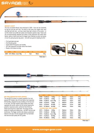 WOODY LIGHT
The very successful Woody rods introduced in 2009 – have set new standards
for big lure and jerk bait rods. The trend is that many lure anglers also want
ultra light jerk bait rods – we have made these light versions of the woody – to
suit the modern low profile bait casters and dropdown gearbox reels. These rods
are uncompromisingly designed and made on ultra responsive 30t carbon fibre
blanks, plenty of back bone even for bigger lures! Delicate tip action and plenty
of room for giving big lures big action – and still have great fun fighting the fish!

•	   FUJI gold label reel seat
•	   FUJI Aconite guides
•	   Grade AAAA Portuguese cork handles
•	   30T ultra responsive and light carbon fibre blanks
•	   Ready to fish deluxe rod bag

 ITEM NO	     LENGTH	   CASTING WEIGHT	 SECTIONS	   ACTION	   TRANSPORT LENGTH	    WEIGHT

 40873	 6’6” (198cm)	 Up to 100g	          1	       Fast	          198cm	              157g

                                                                            Pack size: 1




                                                                            ITEM NO	      LENGTH	   CASTING WEIGHT	 SECTIONS	   ACTION	   TRANSPORT LENGTH	   WEIGHT	       PRICE
MP PRO PREDATOR ROD SERIES                                                  36106	 8’ (240cm)	   15-50g	               2	       Medium	        122cm	         217g	           -
The new MP Pro series is a superb upgrade of our very                       36107	 8’ (240cm)	   30-90g	               2	       Medium	        122cm	         218g	           -
popular MP Predator rods. All rods feature hard Japanese                    36108	 8’ (240cm)	 Up to 150g	             2	       Medium	        122cm	         223g	           -
EVA handles, designed for easy handling on the boat and
                                                                            36109	 9’ (270cm)	   20-60g	               2	       Medium	        137cm	         223g	           -
in rod rests. The high modulus carbon blanks have been
                                                                            36110	 9’ (270cm)	  40-100g	               2	       Medium	        137cm	         240g	           -
upgraded with woven carbon and full varnish keeping the
powerful, responsive action, perfect for float fishing or                   36112	 10’ (300cm)	 40-100g	               2	       Medium	        153cm	         252g	           -
bottom bouncing live or dead baits. The series are also                     TRIGGER REEL SEAT SERIES
perfect for casting and trolling lures – the MPP rods are real              36113	 8’ (240cm)	   20-60g	               2	       Medium	        122cm	         246g	           -
workhorses. The trigger versions also feature customized                    36114	 8’ (240cm)	  40-100g	               2	       Medium	        122cm	         247g	           -
balancer butt caps. All rods equipped with Fuji Gold label                  36115	 8’ (240cm)	 Up to 150g	             2	       Medium	        122cm	         266g	           -
reel seat and best quality slim SIC guides.                                 36117	 9’ (270cm)	  40-100g	               2	       Medium	        137cm	         278g	           -
                                                                            36118	 10’ (300cm)	  20-60g	               2	       Medium	        153cm	         292g	           -

                                                                                                                                                                        Pack size: 1




     92     93                                                www.savage-gear.com
 