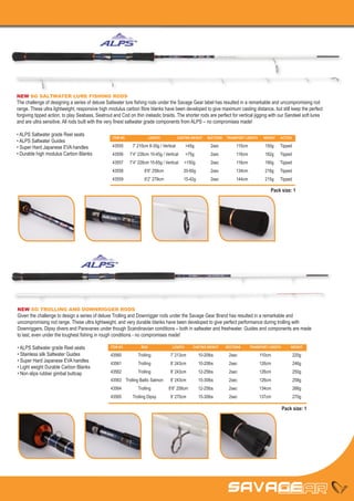 NEW SG SALTWATER LURE FISHING RODS
The challenge of designing a series of deluxe Saltwater lure fishing rods under the Savage Gear label has resulted in a remarkable and uncompromising rod
range. These ultra lightweight, responsive high modulus carbon fibre blanks have been developed to give maximum casting distance, but still keep the perfect
forgiving tipped action, to play Seabass, Seatrout and Cod on thin inelastic braids. The shorter rods are perfect for vertical jigging with our Sandeel soft lures
and are ultra sensitive. All rods built with the very finest saltwater grade components from ALPS – no compromises made!

• ALPS Saltwater grade Reel seats
                                                  ITEM NO	             LENGTH	             CASTING WEIGHT	   SECTIONS	 TRANSPORT LENGTH	    WEIGHT	   ACTION
• ALPS Saltwater Guides
• Super Hard Japanese EVA handles                 43555	      7’ 210cm 8-30g / Vertical	        >45g	         2sec	         110cm	           150g	    Tipped
• Durable high modulus Carbon Blanks              43556	     7’4” 228cm 10-45g / Vertical	      >75g	         2sec	         116cm	           182g	    Tipped
                                                  43557	     7’4” 228cm 15-65g / Vertical	     >150g	         2sec	         116cm	           190g	    Tipped
                                                  43558	             8’6” 258cm 	             20-60g	         2sec	         134cm	           216g	    Tipped
                                                  43559	             9’2” 279cm 	             15-42g	         2sec	         144cm	           215g	    Tipped

                                                                                                                                                Pack size: 1




NEW SG TROLLING AND DOWNRIGGER RODS
Given the challenge to design a series of deluxe Trolling and Downrigger rods under the Savage Gear Brand has resulted in a remarkable and
uncompromising rod range. These ultra lightweight, and very durable blanks have been developed to give perfect performance during trolling with
Downriggers, Dipsy divers and Paravanes under though Scandinavian conditions – both in saltwater and freshwater. Guides and components are made
to last, even under the toughest fishing in rough conditions - no compromises made!

• ALPS Saltwater grade Reel seats                ITEM NO	          ROD	               LENGTH	       CASTING WEIGHT	   SECTIONS	      TRANSPORT LENGTH	       WEIGHT

• Stainless silk Saltwater Guides                43560	          Trolling 	          7’ 213cm 	         10-20lbs	       2sec	              110cm	              220g
• Super Hard Japanese EVA handles                43561	          Trolling 	          8’ 243cm 	         10-20lbs	       2sec	              126cm	              246g
• Light weight Durable Carbon Blanks
• Non slips rubber gimbal buttcap                43562	          Trolling 	          8’ 243cm 	         12-25lbs	       2sec	              126cm	              250g
                                                 43563	 Trolling Baltic Salmon 	     8’ 243cm 	         15-30lbs	       2sec	              126cm	              258g
                                                 43564	          Trolling 	         8’6” 258cm 	        12-25lbs	       2sec	              134cm	              266g
                                                 43565	       Trolling Dipsy 	       9’ 270cm 	         15-30lbs	       2sec	              137cm	              270g

                                                                                                                                                         Pack size: 1
 
