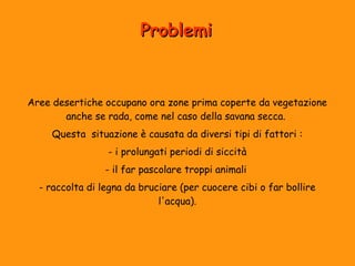 PPrroobblleemmii 
Aree desertiche occupano ora zone prima coperte da vegetazione 
anche se rada, come nel caso della savana secca. 
Questa situazione è causata da diversi tipi di fattori : 
- i prolungati periodi di siccità 
- il far pascolare troppi animali 
- raccolta di legna da bruciare (per cuocere cibi o far bollire 
l'acqua). 
 