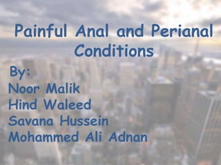 Painful Anal and Perianal
Conditions
By:
Noor Malik
Hind Waleed
Savana Hussein
Mohammed Ali Adnan
 