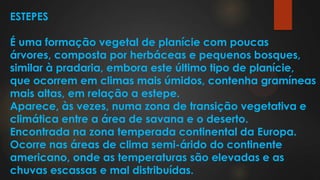 ESTEPES
É uma formação vegetal de planície com poucas
árvores, composta por herbáceas e pequenos bosques,
similar à pradaria, embora este último tipo de planície,
que ocorrem em climas mais úmidos, contenha gramíneas
mais altas, em relação a estepe.
Aparece, às vezes, numa zona de transição vegetativa e
climática entre a área de savana e o deserto.
Encontrada na zona temperada continental da Europa.
Ocorre nas áreas de clima semi-árido do continente
americano, onde as temperaturas são elevadas e as
chuvas escassas e mal distribuídas.
 