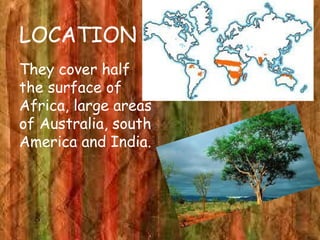 LOCATION
They cover half
the surface of
Africa, large areas
of Australia, south
America and India.
 