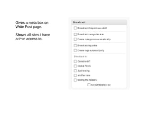 Gives a meta box on  Write Post page. Shows all sites I have  admin access to. 