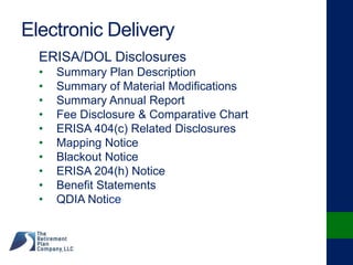 Electronic Delivery
ERISA/DOL Disclosures
• Summary Plan Description
• Summary of Material Modifications
• Summary Annual Report
• Fee Disclosure & Comparative Chart
• ERISA 404(c) Related Disclosures
• Mapping Notice
• Blackout Notice
• ERISA 204(h) Notice
• Benefit Statements
• QDIA Notice
 