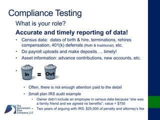Compliance Testing
What is your role?
Accurate and timely reporting of data!
• Census data: dates of birth & hire, terminations, rehires
compensation, 401(k) deferrals (Roth & traditional), etc.
• Do payroll uploads and make deposits…. timely!
• Asset information: advance contributions, new accounts, etc.
• image
• Often, there is not enough attention paid to the detail
• Small plan IRS audit example
• Owner didn’t include an employee in census data because “she was
a family friend and we agreed no benefits”; value = $750
• Two years of arguing with IRS; $25,000 of penalty and attorney’s fee
 