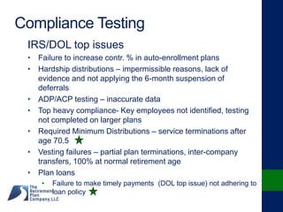 Compliance Testing
IRS/DOL top issues
• Failure to increase contr. % in auto-enrollment plans
• Hardship distributions – impermissible reasons, lack of
evidence and not applying the 6-month suspension of
deferrals
• ADP/ACP testing – inaccurate data
• Top heavy compliance- Key employees not identified, testing
not completed on larger plans
• Required Minimum Distributions – service terminations after
age 70.5
• Vesting failures – partial plan terminations, inter-company
transfers, 100% at normal retirement age
• Plan loans
• Failure to make timely payments (DOL top issue) not adhering to
loan policy
 