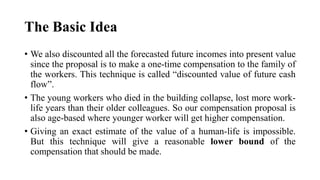 The Basic Idea
• We also discounted all the forecasted future incomes into present value
since the proposal is to make a one-time compensation to the family of
the workers. This technique is called “discounted value of future cash
flow”.
• The young workers who died in the building collapse, lost more work-
life years than their older colleagues. So our compensation proposal is
also age-based where younger worker will get higher compensation.
• Giving an exact estimate of the value of a human-life is impossible.
But this technique will give a reasonable lower bound of the
compensation that should be made.
 