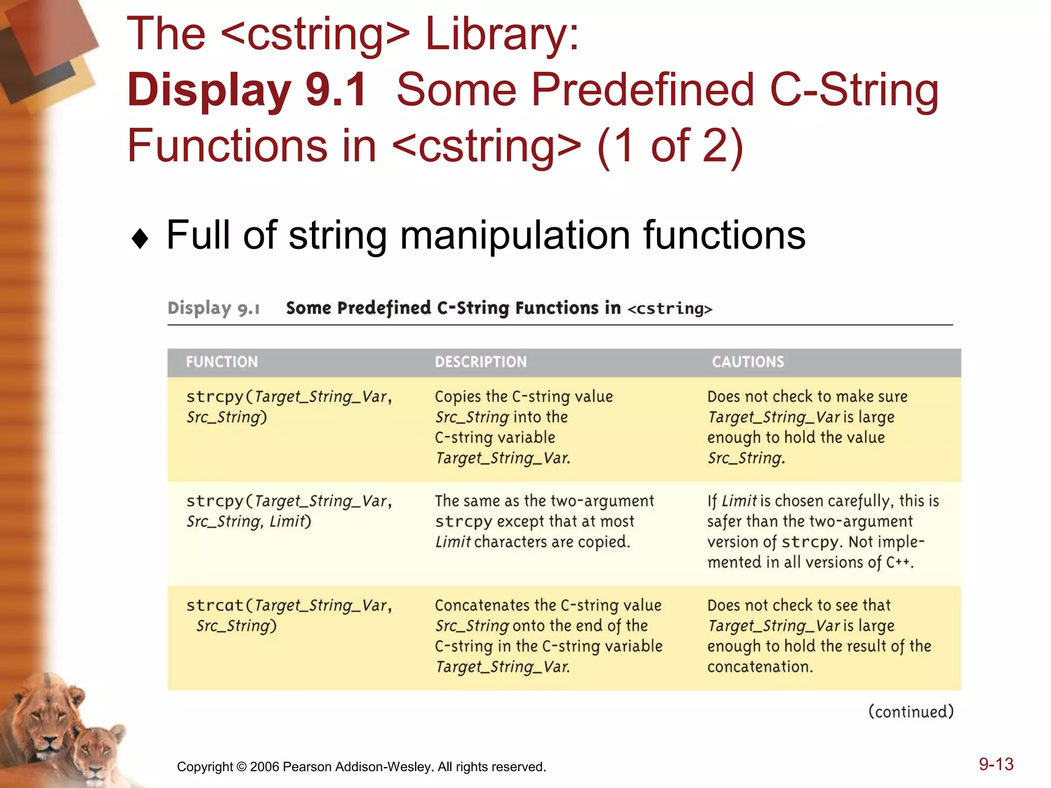 Copyright © 2006 Pearson Addison-Wesley. All rights reserved. 9-13
The <cstring> Library:
Display 9.1 Some Predefined C-String
Functions in <cstring> (1 of 2)
 Full of string manipulation functions
 