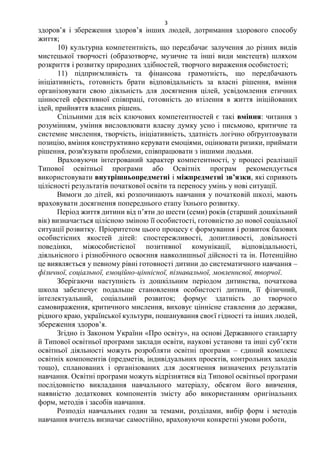 3
здоров’я і збереження здоров’я інших людей, дотримання здорового способу
життя;
10) культурна компетентність, що передбачає залучення до різних видів
мистецької творчості (образотворче, музичне та інші види мистецтв) шляхом
розкриття і розвитку природних здібностей, творчого вираження особистості;
11) підприємливість та фінансова грамотність, що передбачають
ініціативність, готовність брати відповідальність за власні рішення, вміння
організовувати свою діяльність для досягнення цілей, усвідомлення етичних
цінностей ефективної співпраці, готовність до втілення в життя ініційованих
ідей, прийняття власних рішень.
Спільними для всіх ключових компетентностей є такі вміння: читання з
розумінням, уміння висловлювати власну думку усно і письмово, критичне та
системне мислення, творчість, ініціативність, здатність логічно обґрунтовувати
позицію, вміння конструктивно керувати емоціями, оцінювати ризики, приймати
рішення, розв'язувати проблеми, співпрацювати з іншими людьми.
Враховуючи інтегрований характер компетентності, у процесі реалізації
Типової освітньої програми або Освітніх програм рекомендується
використовувати внутрішньопредметні і міжпредметні зв’язки, які сприяють
цілісності результатів початкової освіти та переносу умінь у нові ситуації.
Вимоги до дітей, які розпочинають навчання у початковій школі, мають
враховувати досягнення попереднього етапу їхнього розвитку.
Період життя дитини від п’яти до шести (семи) років (старший дошкільний
вік) визначається цілісною зміною її особистості, готовністю до нової соціальної
ситуації розвитку. Пріоритетом цього процесу є формування і розвиток базових
особистісних якостей дітей: спостережливості, допитливості, довільності
поведінки, міжособистісної позитивної комунікації, відповідальності,
діяльнісного і різнобічного освоєння навколишньої дійсності та ін. Потенційно
це виявляється у певному рівні готовності дитини до систематичного навчання –
фізичної, соціальної, емоційно-ціннісної, пізнавальної, мовленнєвої, творчої.
Зберігаючи наступність із дошкільним періодом дитинства, початкова
школа забезпечує подальше становлення особистості дитини, її фізичний,
інтелектуальний, соціальний розвиток; формує здатність до творчого
самовираження, критичного мислення, виховує ціннісне ставлення до держави,
рідного краю, української культури, пошанування своєї гідності та інших людей,
збереження здоров’я.
Згідно із Законом України «Про освіту», на основі Державного стандарту
й Типової освітньої програми заклади освіти, наукові установи та інші суб’єкти
освітньої діяльності можуть розробляти освітні програми – єдиний комплекс
освітніх компонентів (предметів, індивідуальних проектів, контрольних заходів
тощо), спланованих і організованих для досягнення визначених результатів
навчання. Освітні програми можуть відрізнятися від Типової освітньої програми
послідовністю викладання навчального матеріалу, обсягом його вивчення,
наявністю додаткових компонентів змісту або використанням оригінальних
форм, методів і засобів навчання.
Розподіл навчальних годин за темами, розділами, вибір форм і методів
навчання вчитель визначає самостійно, враховуючи конкретні умови роботи,
 
