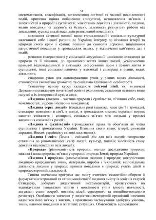 52
систематизація, класифікація, встановлення логічної та часової послідовності
подій, критична оцінка побаченого (почутого), встановлення зв’язків і
залежностей в природі і суспільстві; між станом довкілля і діяльністю людини,
вплив поведінки на здоров’я та безпеку, залежність результату роботи від
докладених зусиль; аналіз наслідків ризикованої поведінки);
˗ виховання активної позиції щодо громадянської і соціально-культурної
належності себе і своєї родини до України; інтересу до пізнання історії та
природи свого краю і країни; пошани до символів держави, ініціативної
патріотичної поведінки у громадських акціях, у відзначенні пам'ятних дат і
подій;
˗ розвиток толерантності у соціальній комунікації, ціннісного ставлення до
природи та її пізнання, до приватного життя інших людей, усвідомлення
правової відповідальності у ситуаціях застосування норм і правил життя в
суспільстві, інші соціальні навички у взаємодії і співпраці в різних видах
діяльності;
˗ створення умов для самовираження учнів у різних видах діяльності,
становлення екологічно грамотної та соціально адаптованої особистості.
Тематичну основу курсу складають змістові лінії, які визначені
Державним стандартом початкової освіти і охоплюють складники названих вище
галузей в їх інтегрованій суті, а саме:
«Людина» (людина – частина природи і суспільства, пізнання себе, своїх
можливостей; здорова і безпечна поведінка);
«Людина серед людей» (соціальні ролі (школяр, член сім’ї і громади),
стандарти поведінки в сім'ї, в школі, в громадських місцях; моральні норми;
навички співжиття і співпраці, соціальні зв’язки між людьми у процесі
виконання соціальних ролей);
«Людина в суспільстві» (громадянські права та обов’язки як члена
суспільства і громадянина України. Пізнання свого краю, історії, символів
держави. Внесок українців у світові досягнення);
«Людина і світ» (Земля – спільний дім для всіх людей; толерантне
ставлення до різноманітності світу людей, культур, звичаїв; залежність стану
довкілля від поведінки всіх людей);
«Природа» (різноманітність природи; методи дослідження природи;
нежива і жива природа; зв’язки у природі; природа Землі; природа України).
«Людина і природа» (взаємозв'язки людини і природи; використання
людиною природничих знань, матеріалів, виробів і технологій; відповідальна
діяльність людини у природі; правила поведінки в природі; участь дітей в
природоохоронній діяльності).
Типова навчальна програма дає змогу вчителеві самостійно обирати й
формувати інтегрований та автономний спосіб подання змісту із освітніх галузей
Стандарту, добирати дидактичний інструментарій, орієнтуючись на
індивідуальні пізнавальні запити і можливості учнів (рівень навченості,
актуальні стани потреб, мотивів, цілей, сенсорного та емоційно-вольового
розвитку). Особливого значення у дидактико-методичній організації навчання
надається його зв'язку з життям, з практикою застосування здобутих уявлень,
знань, навичок поведінки в життєвих ситуаціях. Обмеженість відповідного
 