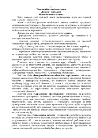 64
Технологічна освітня галузь
Дизайн і технології
Пояснювальна записка
Зміст технологічної освітньої галузі реалізовується через інтегрований
курс «Дизайн і технології».
Мета – цілісний розвиток особистості дитини засобами предметно-
перетворювальної діяльності, формування ключових та проєктно-технологічної
компетентностей, необхідних для розв’язання життєвих проблем, культурного й
національного самовираження.
Досягнення мети передбачає виконання таких завдань:
- формування допитливості, цілісного уявлення про матеріальне і
нематеріальне виробництво;
- сприяння розвитку естетично-ціннісного ставлення до традицій
українського народу в праці, декоративно-ужитковому мистецтві;
- набуття досвіду поетапного створення корисних і естетичних виробів у
партнерській взаємодії: від задуму до його втілення в різних матеріалах;
- вироблення навичок раціонального використання матеріалів, безпечного
застосування традиційних та сучасних технологій;
- формування культури праці, прагнення удосконалювати процес і
результати проектно-технологічної діяльності, свій життєвий простір.
Реалізація мети і завдань інтегрованого курсу «Дизайн і технології»
здійснюється за змістовими лініями, які відображають структуру розвитку
особистості та завершеного циклу проектно-технологічної діяльності:
«Інформаційно-комунікаційне середовище», «Середовище проектування»,
«Середовище техніки і технологій», «Середовище соціалізації».
Змістова лінія «Інформаційно-комунікаційне середовище» забезпечує
розвиток асоціативно-образного та критичного мислення, оволодіння базовими
знаннями у партнерській взаємодії, що формують цілісне уявлення про
виробничу сферу людської діяльності, а також є підґрунтям для реалізації
творчого потенціалу учнів під час засвоєння навчального матеріалу наступних
змістових ліній, які структуровані за способами інтегрованої проєктно-
технологічної діяльності.
Змістова лінія «Середовище проєктування» спрямована на розвиток
аналітичного, просторового та творчого мислення, уміння працювати в команді,
створення умов для оволодіння елементами дизайну: виявлення проблем,
продукування ідей, вибору соціально і особистісно значущих об’єктів
проєктування; виконання елементарних графічних зображень; добір матеріалів
для виготовлення виробу за їх властивостями; експериментування з матеріалами
і технологіями для реалізації власних ідей; планування технології послідовності
виготовлення виробу.
Змістова лінія «Середовище техніки і технологій» передбачає розвиток
логічного та алгоритмічного мислення, психомоторних здібностей, здатності до
координування дій і взаємодопомоги; навичок організації робочого місця,
безпечної праці з ручними, механічними інструментами й пристосуваннями;
умінь поетапного виготовлення виробів з використанням традиційних та
сучасних технологій, раціональної обробки різних матеріалів.
 