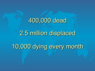 400,000 dead 2.5 million displaced 10,000 dying every month 