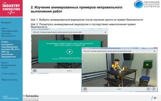 © 2017
«ЭКОПСИ Консалтинг»
2. Изучение анимированных примеров неправильного
выполнения работ
Шаг 1. Выбрать анимированный видеоролик после изучения одного из правил безопасности
Шаг 2. Посмотреть анимированный видеоролик о последствиях невыполнения правил
безопасности
27
Введение
Кейс 1:
Трансформация
культуры
безопасности
S*AVE –
инструмент
трансформации
системы ПБ, ОТ и
ООС на
российских
предприятиях
Кейс 2:
Исследование
S*AVE
С чего начать?
Обратная связь
 
