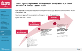 © 2017
«ЭКОПСИ Консалтинг»
Кейс 2. Пример проекта по исследованию приоритетных рычагов
развития ПБ и ОТ по модели S*AVE
Цель проекта: исследование возможностей развития культуры безопасности и системы ПБиОТ
по модели S*AVE
Компания: крупный производственный холдинг, более 50 предприятий
Срок: 2016 год, 3 месяца
32
Определение
приоритетных
направлений развития
культуры безопасности
персонала группы
компаний с целью
снижения рисков в
области промышленной
безопасности и охраны
труда
Проведение диагностики
рычагов развития ПБ и
ОТ в Компаниях по
модели S*AVE.
Диагностировали с
помощью инструмента он-
лайн опрос
Подготовлены отчеты по
факторам развития
ПБиОТ. В отчетах
отображены:
- Результаты
оценки уровня развития
рычагов системы ПБ и
ОТ;
- Сильные и
слабые стороны;
- Рекомендации по
повышению уровня ПБ и
ОТ
Цель
исследования
Формат
исследования
Результат
исследования
Введение
Кейс 1:
Трансформация
культуры
безопасности
S*AVE –
инструмент
трансформации
системы ПБ, ОТ и
ООС на
российских
предприятиях
Кейс 2:
Исследование
S*AVE
С чего начать?
Обратная связь
 