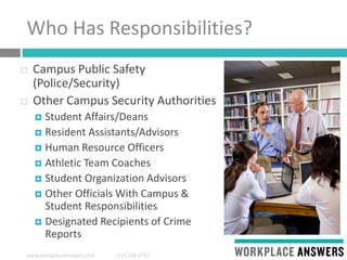 www.workplaceanswers.com 512.298.0797
Who Has Responsibilities?
 Campus Public Safety
(Police/Security)
 Other Campus Security Authorities
 Student Affairs/Deans
 Resident Assistants/Advisors
 Human Resource Officers
 Athletic Team Coaches
 Student Organization Advisors
 Other Officials With Campus &
Student Responsibilities
 Designated Recipients of Crime
Reports
 