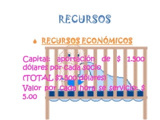 RECURSOSRECURSOS ECONÓMICOSCapital: aportación de $ 1.500 dólares por cada socio (TOTAL $7.500 dólares) Valor por cada hora se servicio: $ 5.00