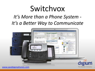 1
Digium Confidential
Switchvox
It’s More than a Phone System -
It’s a Better Way to Communicate
www.savebigonphones.com
 