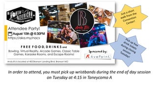 In order to attend, you must pick up wristbands during the end of day session
on Tuesday at 4:15 in Taneycomo A
 