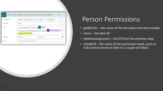 Person Permissions
• getByTitle – the name of the list where the item resides
• items – the item ID
• addroleassignment – the ID from the previous step
• roledefid – the value of the permission level, such as
Full Control (more on that in a couple of slides)
 