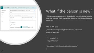 What if the person is new?
This adds the person to a SharePoint permission group in
the site so that their ID can be found in the Site Collection
User List.
URI of API call:
_api/web/SiteGroups/GetByName('Preload Users')/users
Body of API call:
{
"__metadata": {
"type":"SP.User"
},
"LoginName":"i:0#.f|membership|bob@test.com"
}
 