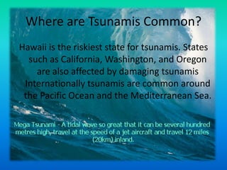 Where are Tsunamis Common?Hawaii is the riskiest state for tsunamis. States such as California, Washington, and Oregon are also affected by damaging tsunamis Internationally tsunamis are common around the Pacific Ocean and the Mediterranean Sea. 